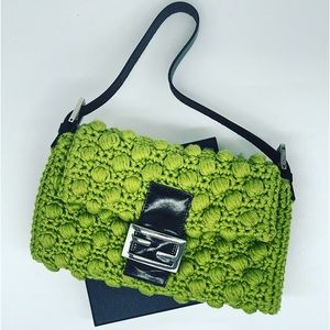 FENDI Knit Baguette Handbag Purse Green Wool Crochet Brown Silver Hardware